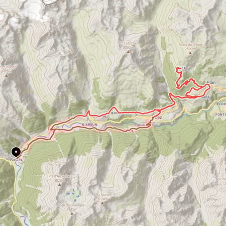 Ausgedehnte Panoramatour im Unterengadin von Susch am Inn über Lavin und Guarda nach Ftan und anschließend hinauf zur Alp Laret