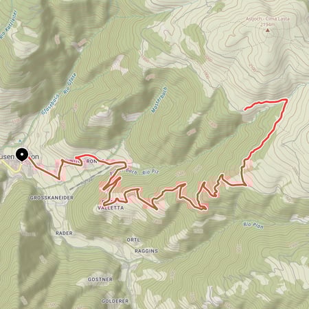 Landschaftlich schöne Mountainbike-Tour von Lüsen Dorf über Rungg und Flitt hinauf zur Schutzhütte Kreuzwiesenalm inmitten der Lüsner Alm