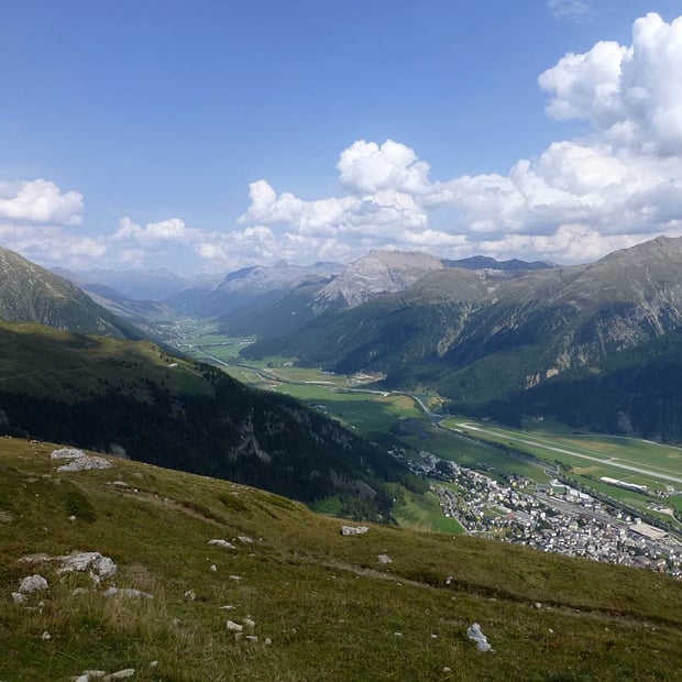 Durch schöne Kiefernwälder zur Alp Muntasch, über einfache Singletrails ins Skigebiet Celerina und über Forststraßen zurück nach Samedan