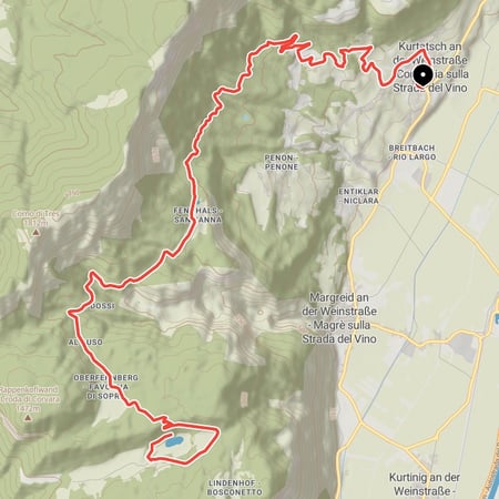 Ausgedehnte Mountainbike-Tour von Kurtatsch an der Weinstraße hinauf zum beschaulichen Fennbergsee mit Bademöglichkeit