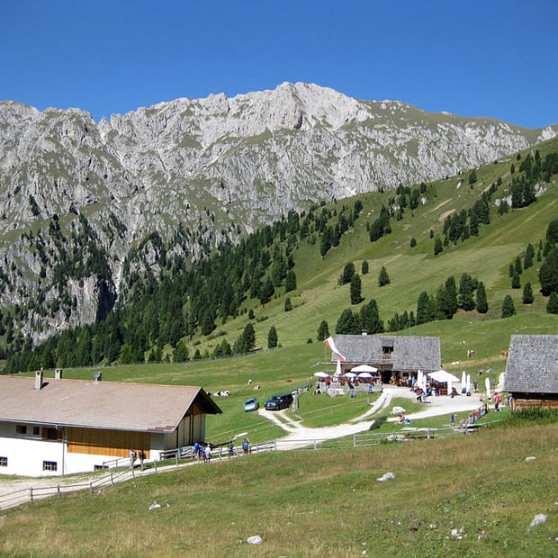 Von Ranui bei Villnöß über die Zanser Alm tief hinein in den Naturpark Puez-Geisler und hinauf zur Gampenalm am Fuße des Zendleser Kofel