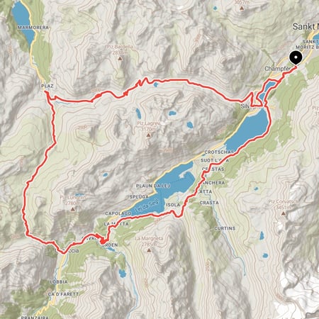 Drei Pässe Mountainbike-Rundtour von Sankt Moritz im Oberengadin über Julierpass, Septimerpass und Malojapass