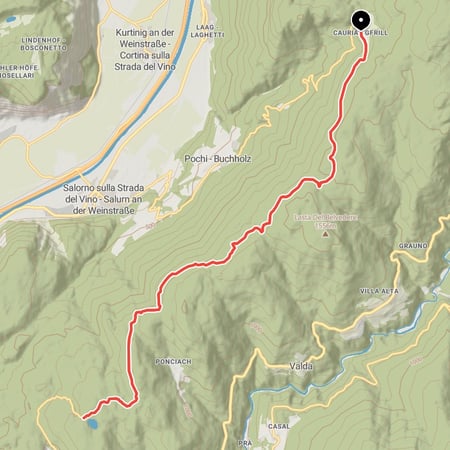 Von Gfrill oberhalb von Salurn entlang des Europäischen Fernwanderwegs zum Lago Santo, dem Heiligen See im Cembratal
