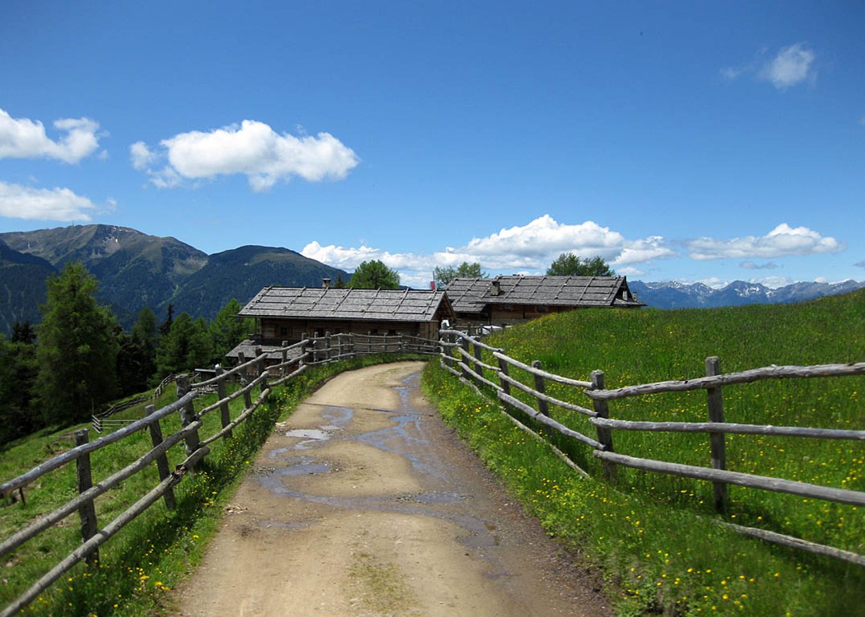 Landschaftlich schöne Mountainbike-Tour von Lüsen Dorf über Rungg und Flitt hinauf zur Schutzhütte Kreuzwiesenalm inmitten der Lüsner Alm