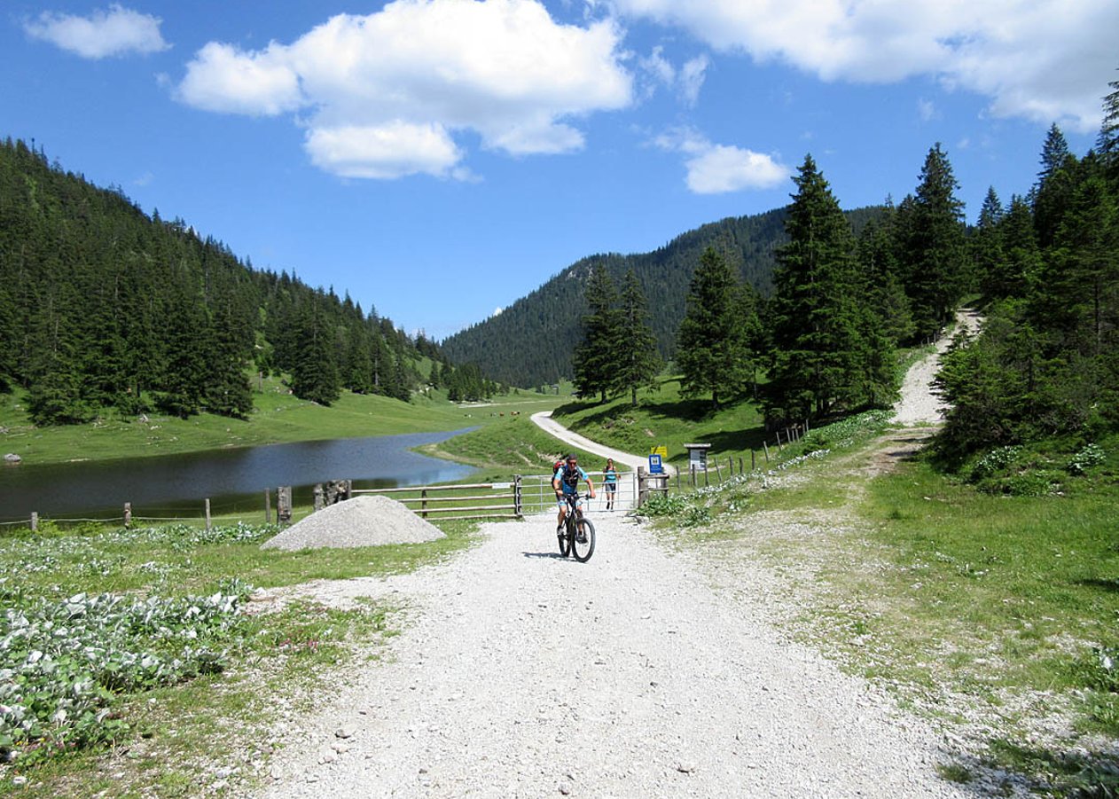 Relativ kurze aber dafür beschwerlich steile Mountainbike-Tour von Partenkirchen hinauf zur bewirteten Esterbergalm im Hochtal des Estergebirges